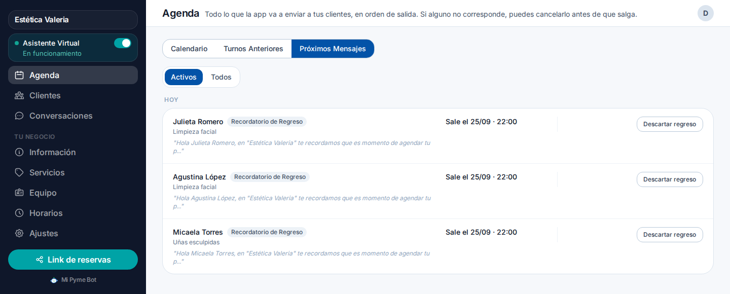 El listado de mensajes por salir, con tres recordatorios de regreso, el tratamiento de cada clienta y el día en que sale.