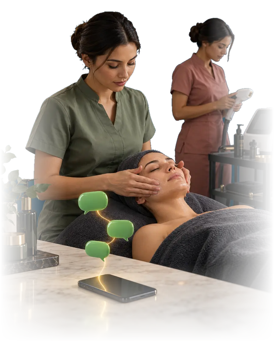 Una esteticista hace un tratamiento facial a una clienta mientras otra prepara el equipo de depilación. Sobre la mesada, un teléfono deja salir tres mensajes.