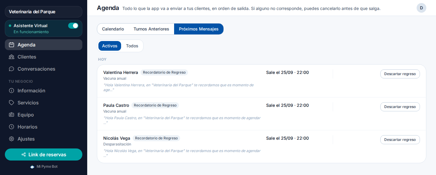 El listado de mensajes por salir, con tres recordatorios de regreso, el servicio de cada cliente y el día en que sale.